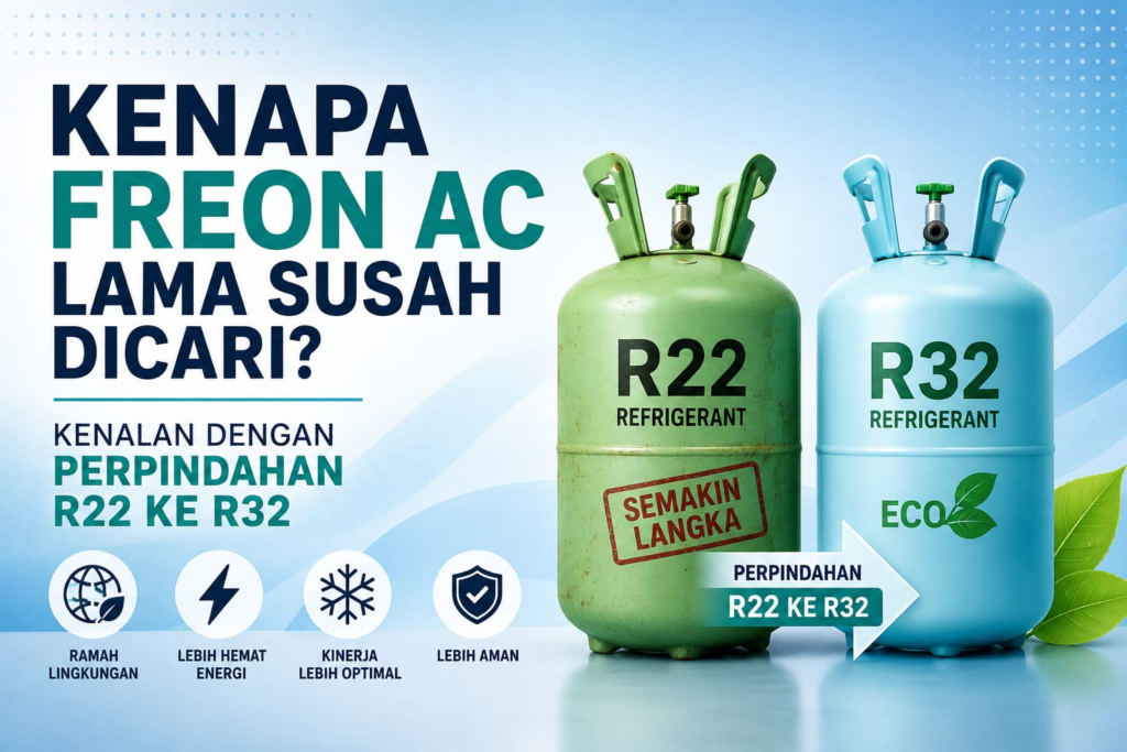 Ilustrasi perpindahan refrigeran AC dari R22 ke R32.