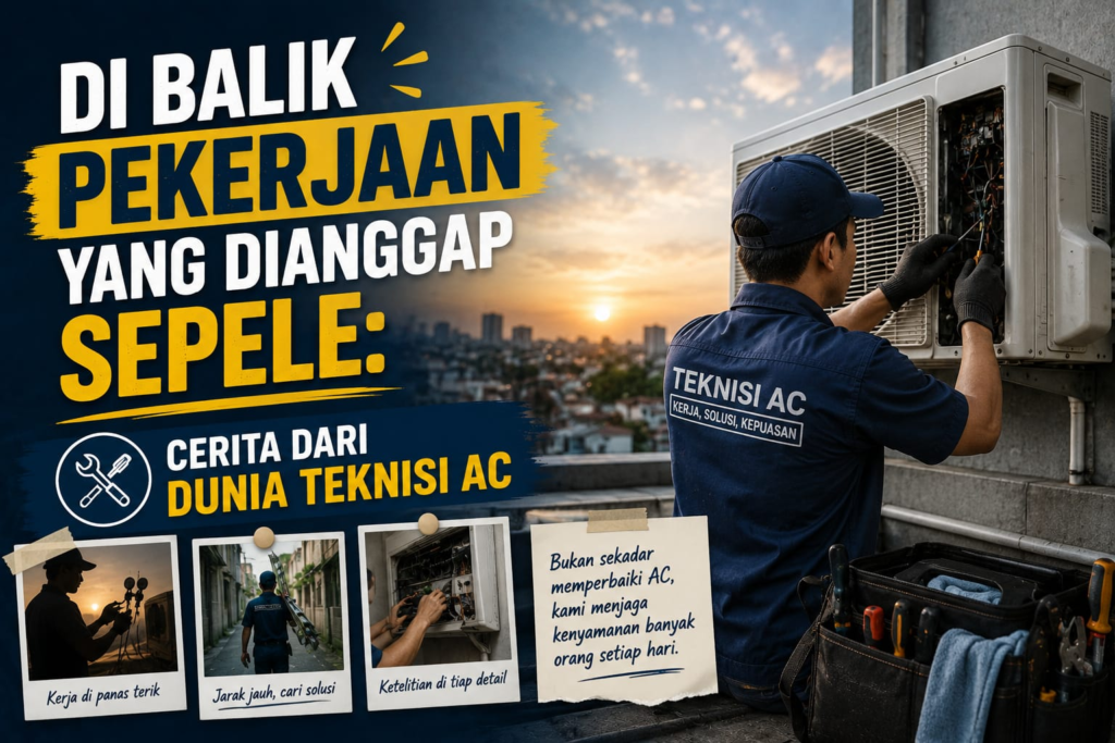 Teknisi AC sedang memperbaiki unit outdoor di atas gedung dengan perlengkapan kerja.
