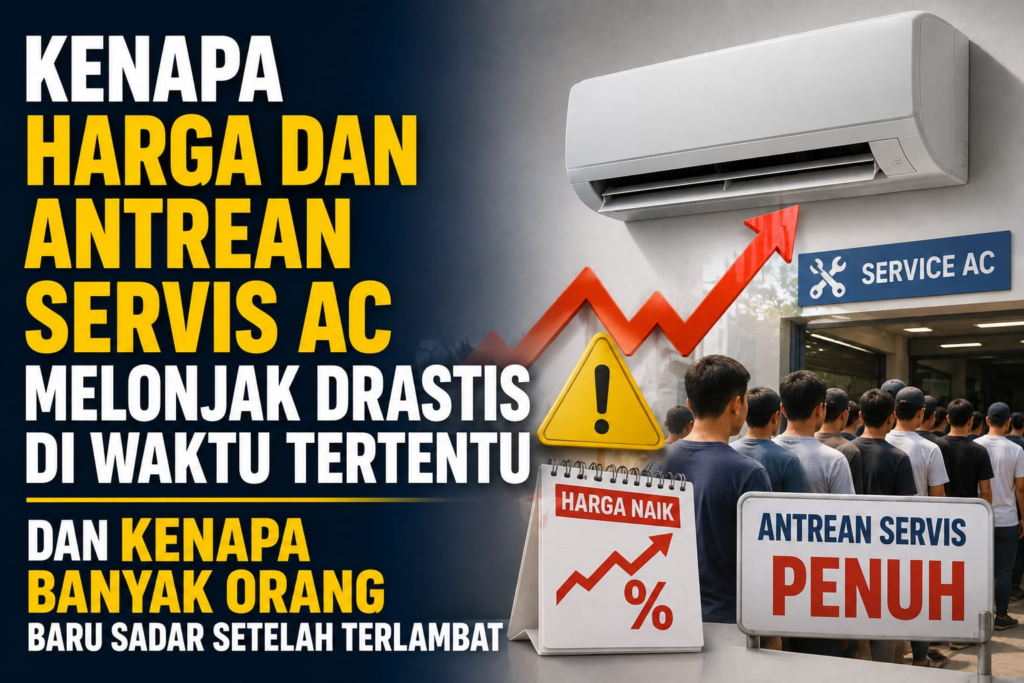 Ilustrasi kenaikan harga dan antrean penuh layanan servis AC.