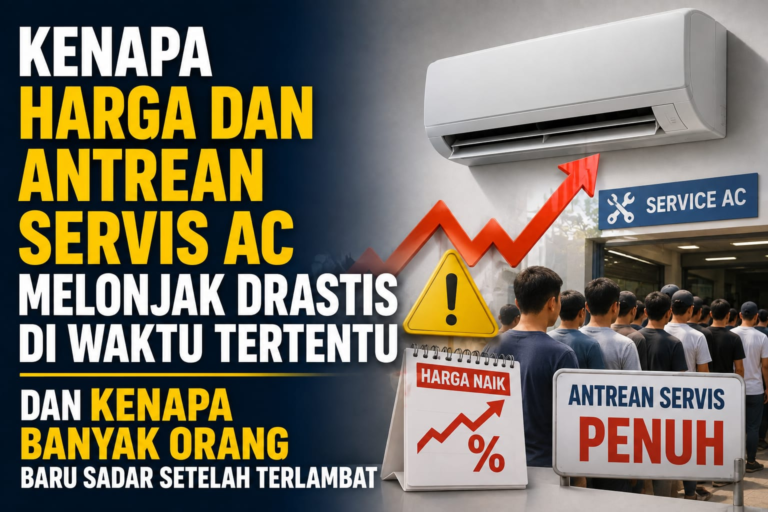 Ilustrasi kenaikan harga dan antrean penuh layanan servis AC.