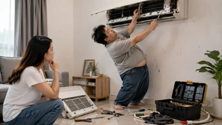 Pemilik rumah mencoba memperbaiki unit indoor AC sendiri menggunakan peralatan sederhana