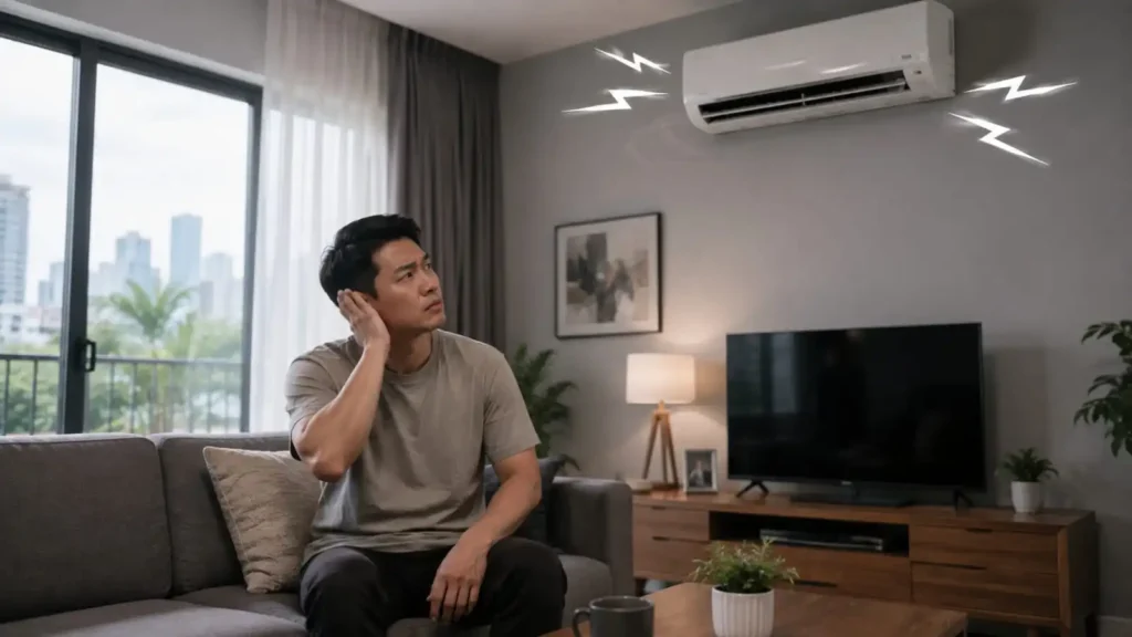 Seorang pemilik rumah duduk di sofa sambil menutup telinga karena terganggu suara berisik dari unit AC