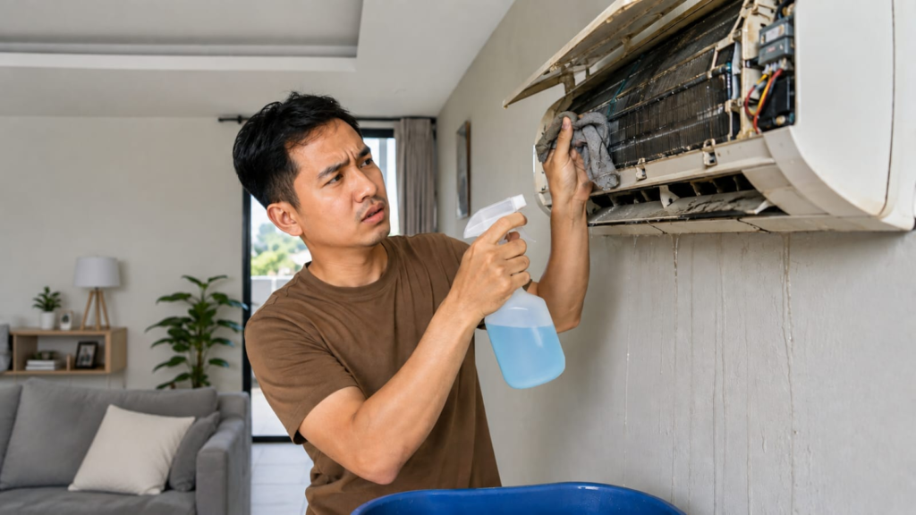Seorang pemilik rumah membersihkan unit indoor AC split
