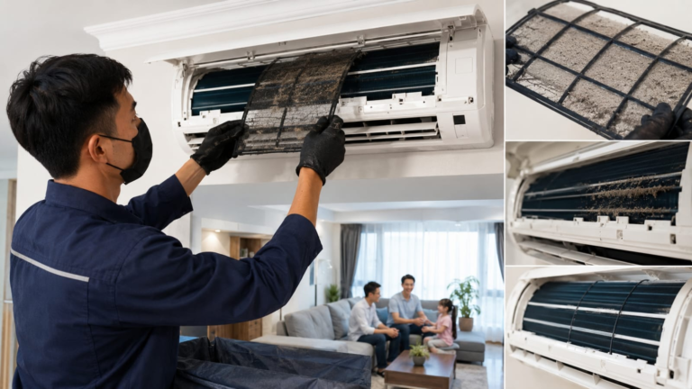 Teknisi AC membersihkan filter unit indoor yang dipenuhi debu dan kotoran