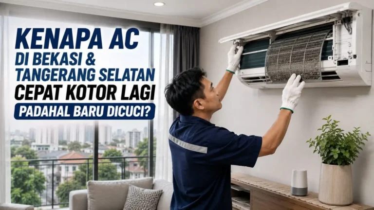 Teknisi AC memeriksa filter unit indoor yang kembali kotor