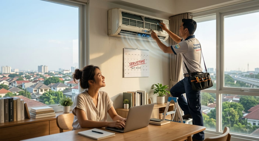 Teknisi AC sedang melakukan servis dan perawatan unit AC split di rumah