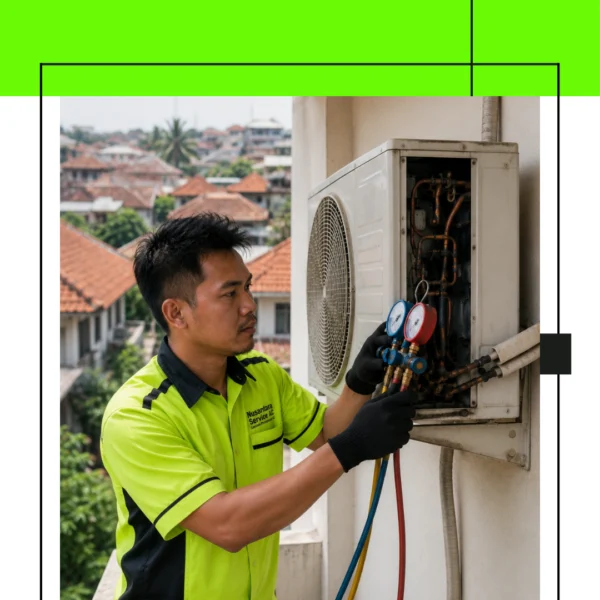 Tukang AC Sedang Memeriksa Kerusakan AC Outdoor