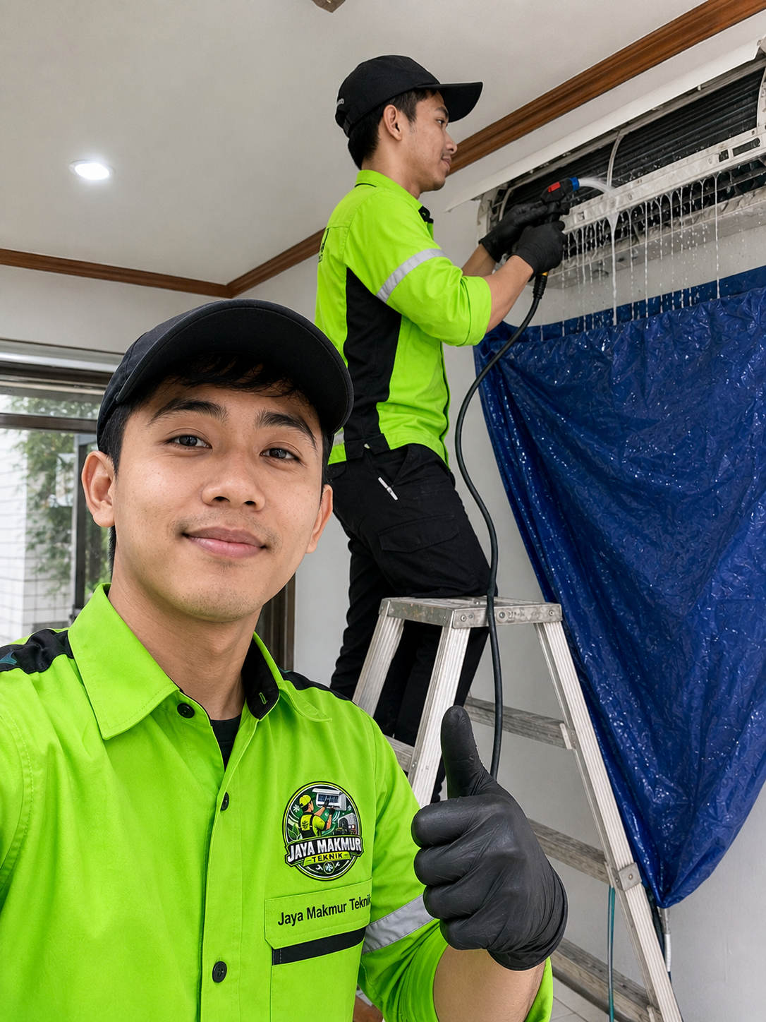 Tukang AC Sedang Selfie Saat Proses Dokumentasi Service