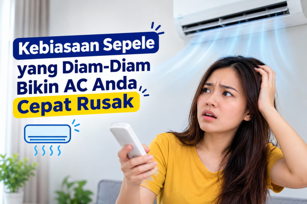 Wanita memegang remote AC sambil melihat AC di dalam ruangan dengan ekspresi khawatir