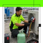 teknisi ac dari Jaya Makmur Teknik sedang mengecek tekanan freon