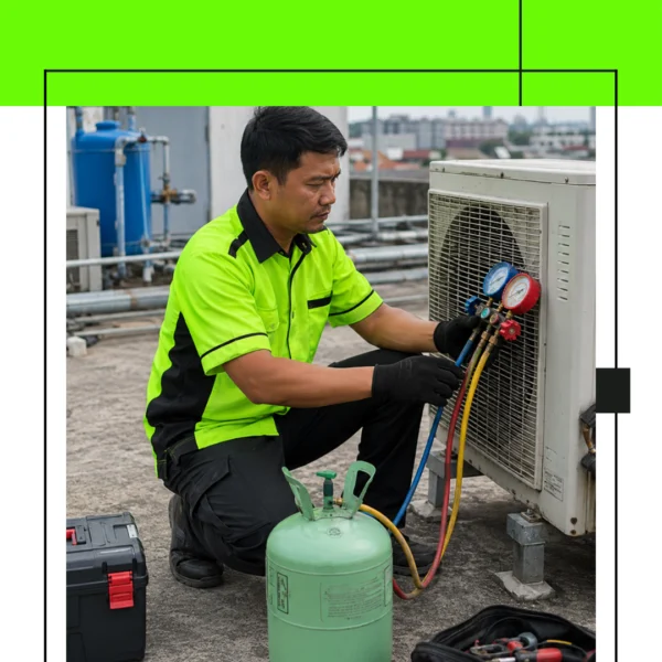 teknisi ac dari Jaya Makmur Teknik sedang mengecek tekanan freon teknisi ac dari Jaya Makmur Teknik sedang mengecek tekanan freon
