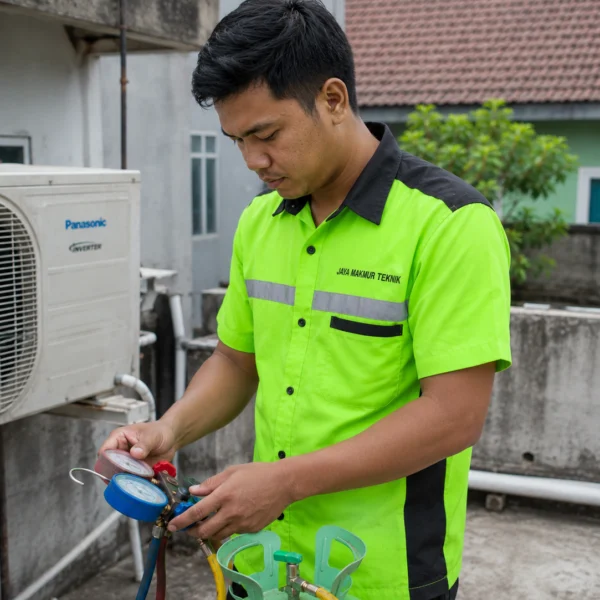teknisi ac dari Jaya Makmur Teknik sedang mengecek tekanan freon tukang ac dari Jaya Makmur Teknik sedang mengecek tekanan freon