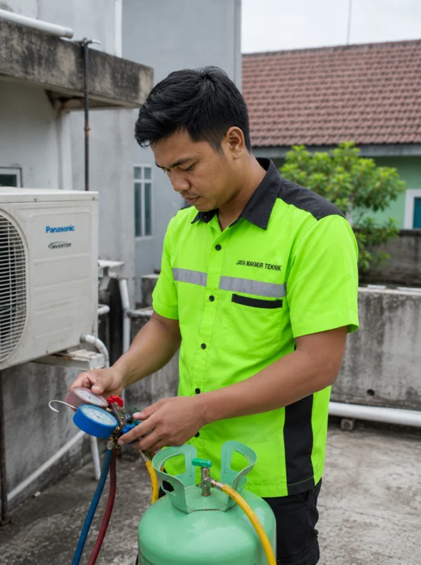 teknisi ac dari Jaya Makmur Teknik sedang mengecek tekanan freon tukang ac dari Jaya Makmur Teknik sedang mengecek tekanan freon