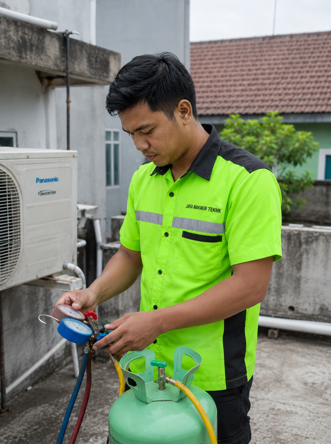 tukang ac dari Jaya Makmur Teknik sedang mengecek tekanan freon