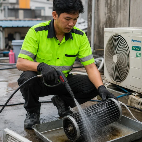 tukang ac sedang melakukan overhaul AC di jakarta