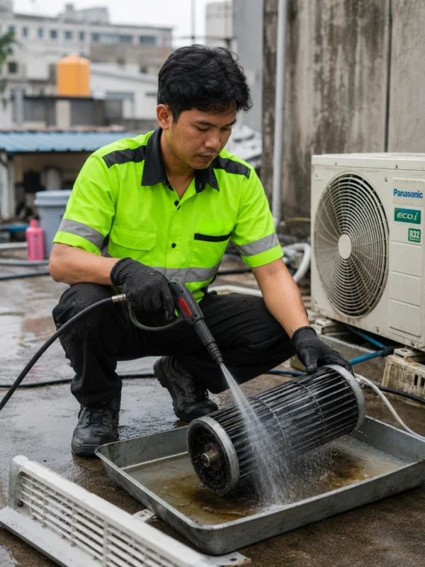 tukang ac sedang melakukan overhaul AC di jakarta